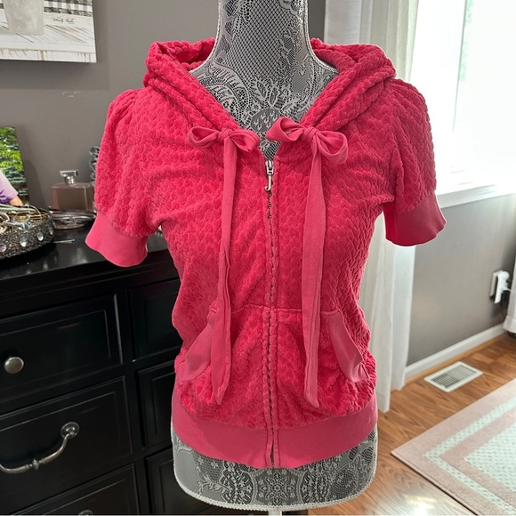 Juicy Couture Y2K Pink Terry Short Sleeve Zip Hoodie Medium Paris Hilton Classic - Picture 2 of 15